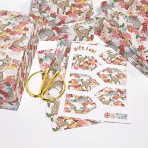 CENTRAL 23 Floral Wrapping Paper - 6 Gift Wrap Sheets - Woodland Creatures Wrapping Paper - Deer Bunny Animals Flowers - Comes With Fun Stickers