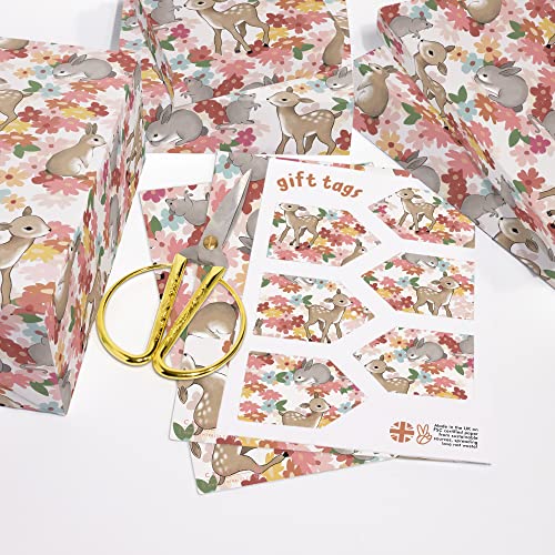 CENTRAL 23 Floral Wrapping Paper - 6 Gift Wrap Sheets - Woodland Creatures Wrapping Paper - Deer Bunny Animals Flowers - Comes With Fun Stickers