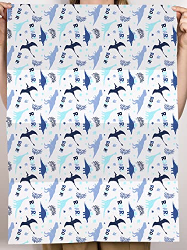 CENTRAL 23 Boys Birthday Wrapping Paper - Dinosaur Wrapping Paper - 6 Sheets Blue Gift Wrap - Eco - Comes With Fun Stickers - Recyclable