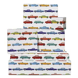 central 23 car wrapping paper for men - 6 sheets white gift wrap - vintage cars - for birthday valentines christmas anniversary - comes with fun stickers - recyclable