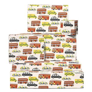 central 23 vehicles wrapping paper - boy birthday wrapping paper - 6 sheets gift wrap - firetruck - taxi cab - bus - comes with fun stickers - recyclable