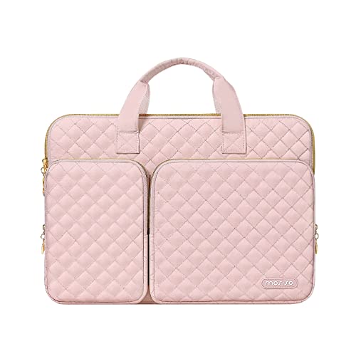 MOSISO 360 Protective Laptop Sleeve Compatible with MacBook Air/Pro, 13-13.3 inch Notebook,Compatible with MacBook Pro 14 inch 2023-2021 M2 M1, Square Quilted Bag with 2 Pockets&Handle&Belt,Chalk Pink