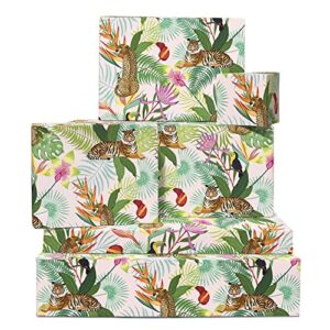 central 23 wilderness wrapping paper - tropical jungle - 6 sheets green gift wrap - leopard - tiger - for birthday baby shower - comes with fun stickers - recyclable
