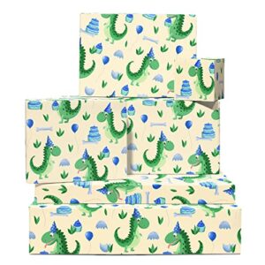 central 23 happy birthday wrapping paper for boys - 6 sheets green gift wrap - dinosaur wrapping paper - for kids baby toddler children - comes with fun stickers