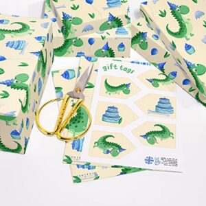 CENTRAL 23 Happy Birthday Wrapping Paper For Boys - 6 Sheets Green Gift Wrap - Dinosaur Wrapping Paper - For Kids Baby Toddler Children - Comes With Fun Stickers