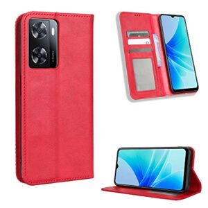 IDEWEI Case for Oppo A57S CPH2387/CPH2385 Leather Stand Wallet Flip Case Cover for Oppo A57S CPH2387/CPH2385 Retro Magnetic Phone Shell Wallet Phone case with Card Slots Red