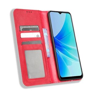 IDEWEI Case for Oppo A57S CPH2387/CPH2385 Leather Stand Wallet Flip Case Cover for Oppo A57S CPH2387/CPH2385 Retro Magnetic Phone Shell Wallet Phone case with Card Slots Red