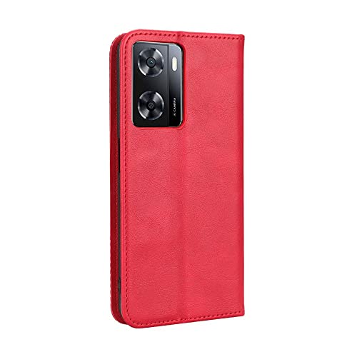 IDEWEI Case for Oppo A57S CPH2387/CPH2385 Leather Stand Wallet Flip Case Cover for Oppo A57S CPH2387/CPH2385 Retro Magnetic Phone Shell Wallet Phone case with Card Slots Red