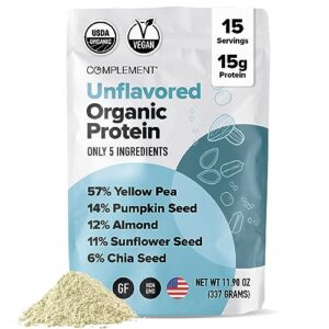 complement organic unflavored vegan protein powder (15 servings) low carb, low calorie, sugar free, soy free, non-gmo, gluten free, non dairy- yellow pea, pumpkin seed- 15g plant based protein powder