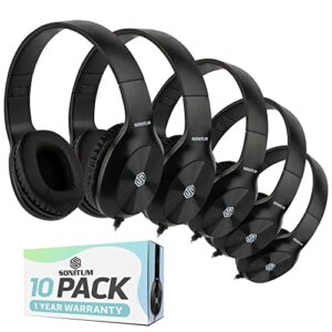 classroom headphones-bulk 10-pack, student on ear comfy swivel earphones for library, school, airplane, kids-for online learning and travel, hq stereo sound 3.5mm jack (black)
