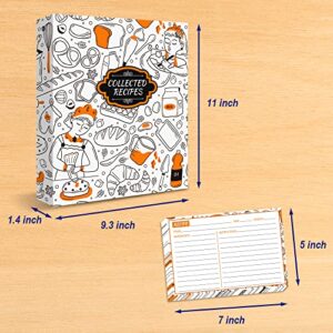 Recipe Binder, 9.5 inch x 11 inch 3 Ring Recipe Binder Kit with 50 Plastic Protectors, 100 5 inch x 7 inch Recipe Cards & 8 Category Divider Tabs, Organizer Set Orange Cartoon Design (XL)