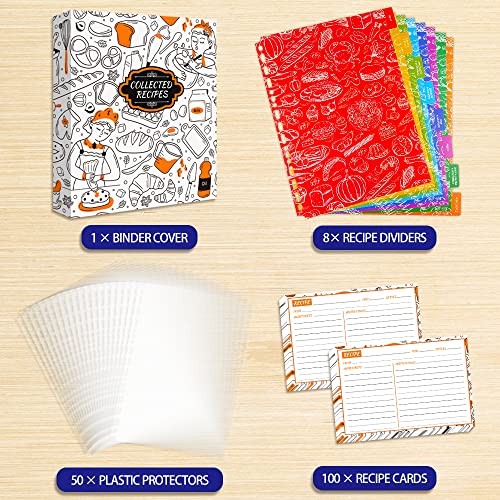Recipe Binder, 9.5 inch x 11 inch 3 Ring Recipe Binder Kit with 50 Plastic Protectors, 100 5 inch x 7 inch Recipe Cards & 8 Category Divider Tabs, Organizer Set Orange Cartoon Design (XL)
