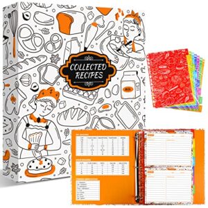 recipe binder, 9.5 inch x 11 inch 3 ring recipe binder kit with 50 plastic protectors, 100 5 inch x 7 inch recipe cards & 8 category divider tabs, organizer set orange cartoon design (xl)