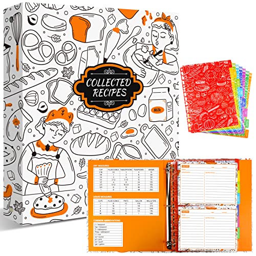 Recipe Binder, 9.5 inch x 11 inch 3 Ring Recipe Binder Kit with 50 Plastic Protectors, 100 5 inch x 7 inch Recipe Cards & 8 Category Divider Tabs, Organizer Set Orange Cartoon Design (XL)