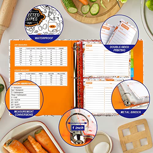 Recipe Binder, 9.5 inch x 11 inch 3 Ring Recipe Binder Kit with 50 Plastic Protectors, 100 5 inch x 7 inch Recipe Cards & 8 Category Divider Tabs, Organizer Set Orange Cartoon Design (XL)