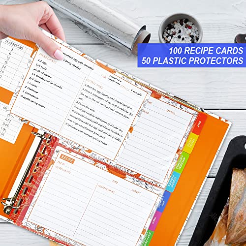 Recipe Binder, 9.5 inch x 11 inch 3 Ring Recipe Binder Kit with 50 Plastic Protectors, 100 5 inch x 7 inch Recipe Cards & 8 Category Divider Tabs, Organizer Set Orange Cartoon Design (XL)