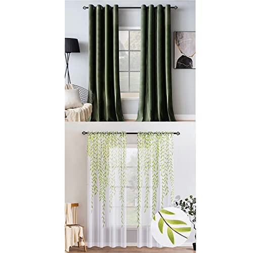 MIULEE Velvet Curtains Olive Green Elegant Grommet Curtains with Sage Sheer Curtains Rod Pocket for Classical Living Room Bedroom Decor 84 Inch