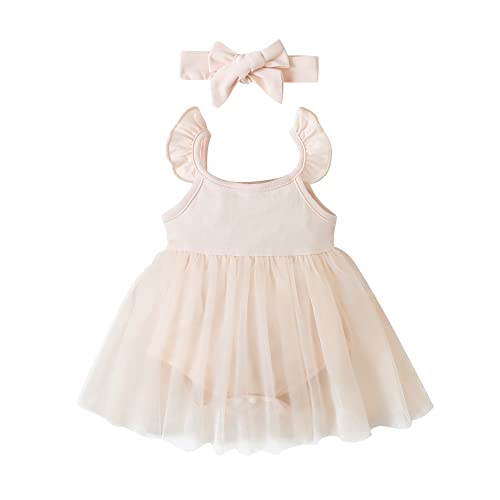 OPAWO Newborn Dress Infant Tulle Dress Baby Girl Photoshoot Outfits Summer Romper Onsies with Strap and Headband 12-18 Months Beige