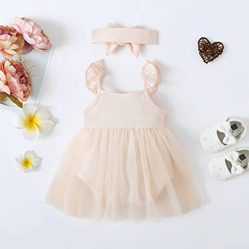 OPAWO Newborn Dress Infant Tulle Dress Baby Girl Photoshoot Outfits Summer Romper Onsies with Strap and Headband 12-18 Months Beige