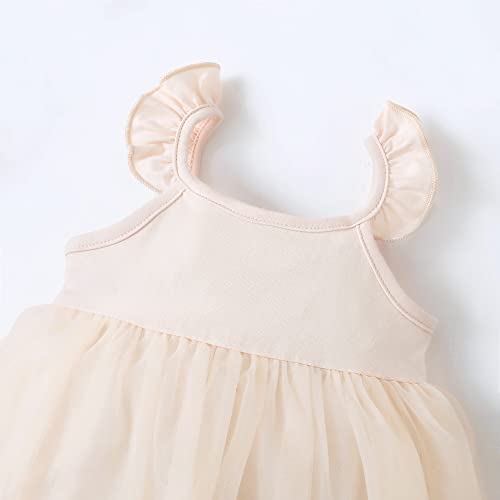 OPAWO Newborn Dress Infant Tulle Dress Baby Girl Photoshoot Outfits Summer Romper Onsies with Strap and Headband 0-3 Months Beige
