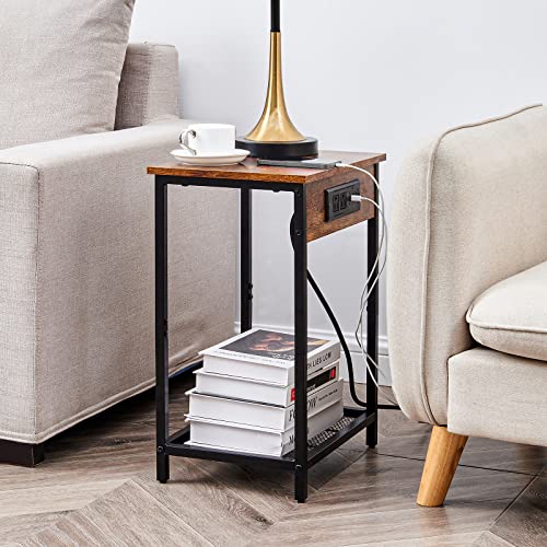 Sinewayone Nightstands Set of 2, End Table with USB-C Ports and Outlets, 2 Tier Side Table with Charging Station for Living Room, Bedroom, Office, Small Spaces, Sofa Couch, Rustic Brown