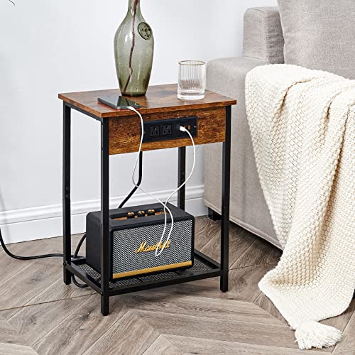 Sinewayone Nightstands Set of 2, End Table with USB-C Ports and Outlets, 2 Tier Side Table with Charging Station for Living Room, Bedroom, Office, Small Spaces, Sofa Couch, Rustic Brown