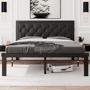 feonase queen size metal bed frame with faux leather button tufted headboard, heavy-duty platform bed frame with 12" storage, steel slats support, no box spring needed, noise free, black