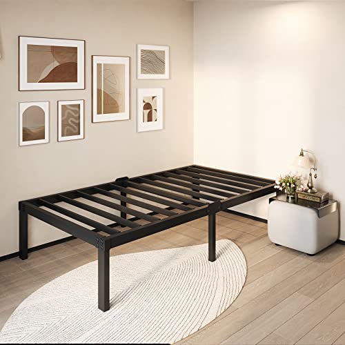 Kydins Bed Frame Twin Size with Storage Headboard Holes Black Metal Platform Bed Frames No Box Spring Needed 3500 Lbs Noise-Free Non-Slip Heavy Duty Mattress Foundation 16 Inch