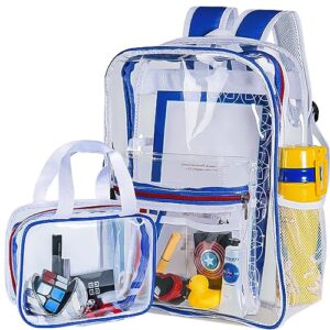 2 pieces heavy duty clear backpack(blue/white), pvc waterproof transparent bag with cosmetic bag, see through book bag with lunch bag, stadium approved, for school, work, women, men, boy, girl