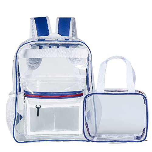 2 Pieces Heavy Duty Clear Backpack(Blue/White), PVC Waterproof Transparent Bag With Cosmetic Bag, See Through Book Bag With Lunch Bag, Stadium Approved, For School, Work, Women, Men, Boy, Girl