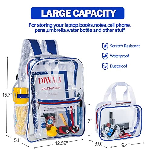 2 Pieces Heavy Duty Clear Backpack(Blue/White), PVC Waterproof Transparent Bag With Cosmetic Bag, See Through Book Bag With Lunch Bag, Stadium Approved, For School, Work, Women, Men, Boy, Girl