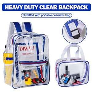 2 Pieces Heavy Duty Clear Backpack(Blue/White), PVC Waterproof Transparent Bag With Cosmetic Bag, See Through Book Bag With Lunch Bag, Stadium Approved, For School, Work, Women, Men, Boy, Girl