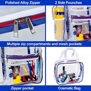 2 Pieces Heavy Duty Clear Backpack(Blue/White), PVC Waterproof Transparent Bag With Cosmetic Bag, See Through Book Bag With Lunch Bag, Stadium Approved, For School, Work, Women, Men, Boy, Girl