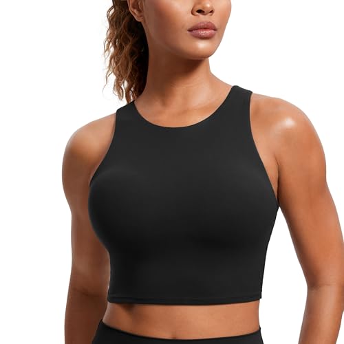 CRZ YOGA Butterluxe Womens Racerback High Neck Longline Sports Bra - Padded Workout Crop Tank Tops with Built in Shelf Bra Black Medium