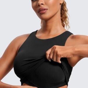 CRZ YOGA Butterluxe Womens Racerback High Neck Longline Sports Bra - Padded Workout Crop Tank Tops with Built in Shelf Bra Black Medium