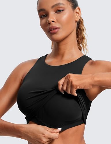 CRZ YOGA Butterluxe Womens Racerback High Neck Longline Sports Bra - Padded Workout Crop Tank Tops with Built in Shelf Bra Black Medium