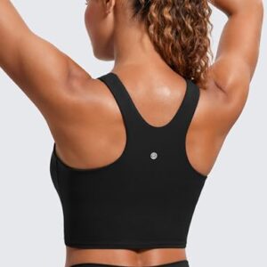 CRZ YOGA Butterluxe Womens Racerback High Neck Longline Sports Bra - Padded Workout Crop Tank Tops with Built in Shelf Bra Black Medium