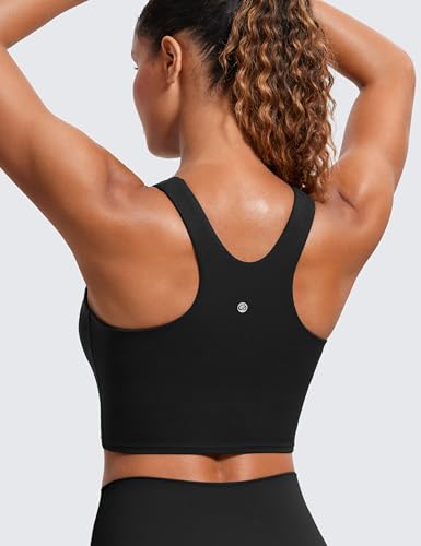 CRZ YOGA Butterluxe Womens Racerback High Neck Longline Sports Bra - Padded Workout Crop Tank Tops with Built in Shelf Bra Black Medium