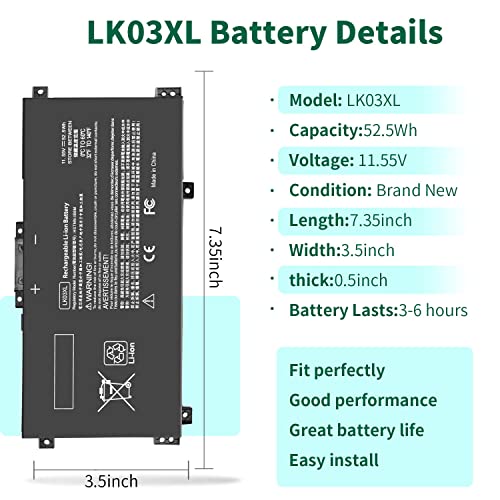 DMKAOLLK LK03XL L09281-855 Battery for HP Envy X360 Convertible 15m-cn0xxx 15-cn0xxx 15m-cp0xxx 15-cr0xxx 15-bp0xx 15-bq2xx 17-ae1xx 15m-cn0012dx 15m-cn0012dx 17m-bw0013dx LK03052XL 916814-855