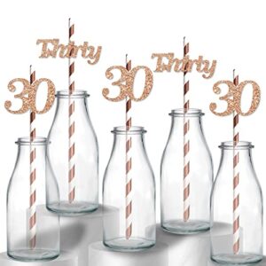 happy 30th birthday straws, rose gold glitter 30 years old paper straws, 30th anniversary/birthday party drinking decorative straws - 24pcs