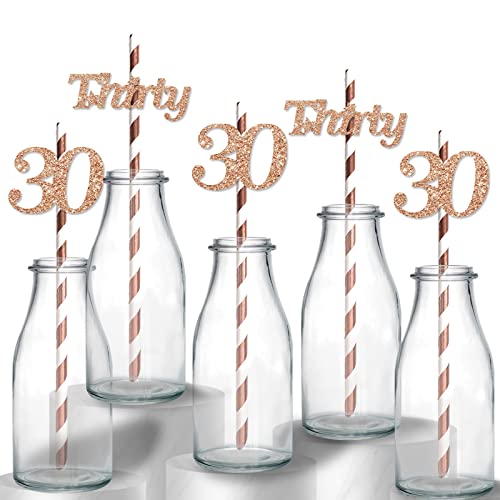 Happy 30th Birthday Straws, Rose Gold Glitter 30 Years Old Paper Straws, 30th Anniversary/Birthday Party Drinking Decorative Straws - 24pcs