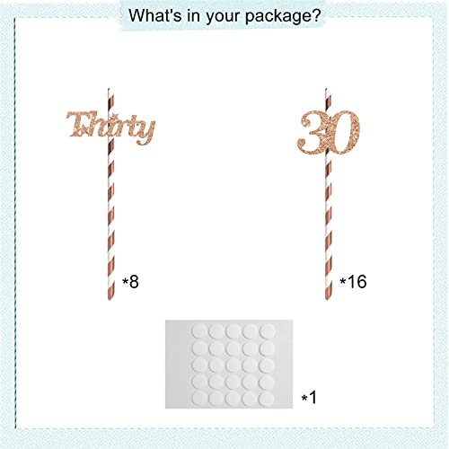 Happy 30th Birthday Straws, Rose Gold Glitter 30 Years Old Paper Straws, 30th Anniversary/Birthday Party Drinking Decorative Straws - 24pcs