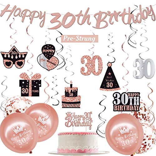 WOJOGO 30th Birthday Decorations for Women, Rose Gold 30 Birthday Decorations for Her Him, Including Happy 30th Birthday Banner Hanging Swirls Birthday Cake Topper Balloons for Party Supplies