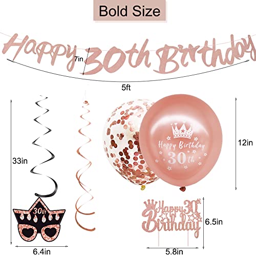 WOJOGO 30th Birthday Decorations for Women, Rose Gold 30 Birthday Decorations for Her Him, Including Happy 30th Birthday Banner Hanging Swirls Birthday Cake Topper Balloons for Party Supplies