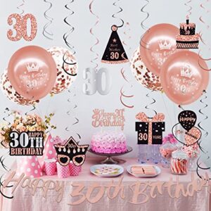 WOJOGO 30th Birthday Decorations for Women, Rose Gold 30 Birthday Decorations for Her Him, Including Happy 30th Birthday Banner Hanging Swirls Birthday Cake Topper Balloons for Party Supplies