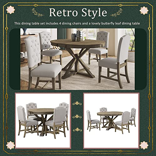 Merax 5-Piece Retro Dining Room Set with Extendable Table and 4 Upholstered Chairs Family Kitchen Functional Furniture, Natural Wood Wash