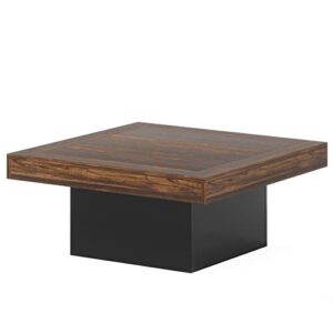 Tribesigns Farmhouse Coffee Table Square LED Coffee Table Engineered Wood Coffee Table for Living Room Rustic Brown & Black Low Coffee Table