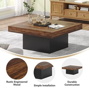 Tribesigns Farmhouse Coffee Table Square LED Coffee Table Engineered Wood Coffee Table for Living Room Rustic Brown & Black Low Coffee Table