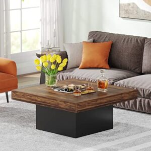Tribesigns Farmhouse Coffee Table Square LED Coffee Table Engineered Wood Coffee Table for Living Room Rustic Brown & Black Low Coffee Table