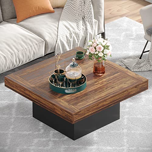 Tribesigns Farmhouse Coffee Table Square LED Coffee Table Engineered Wood Coffee Table for Living Room Rustic Brown & Black Low Coffee Table